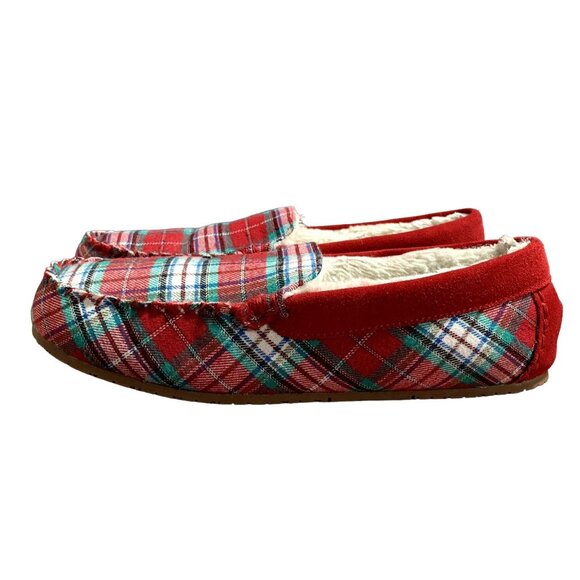 Lands End Moccasin Slippers Womens 10 B Red Plaid Faux Fur Lined Flannel Shoes - Picture 3 of 12